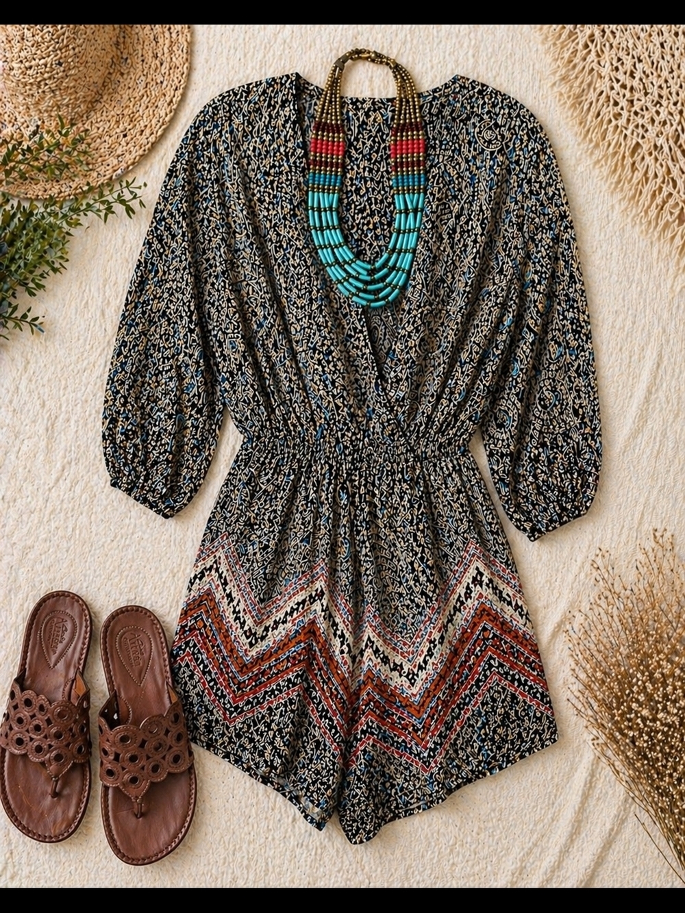 Angie Boho Romper Dress Medium Black Cream Print